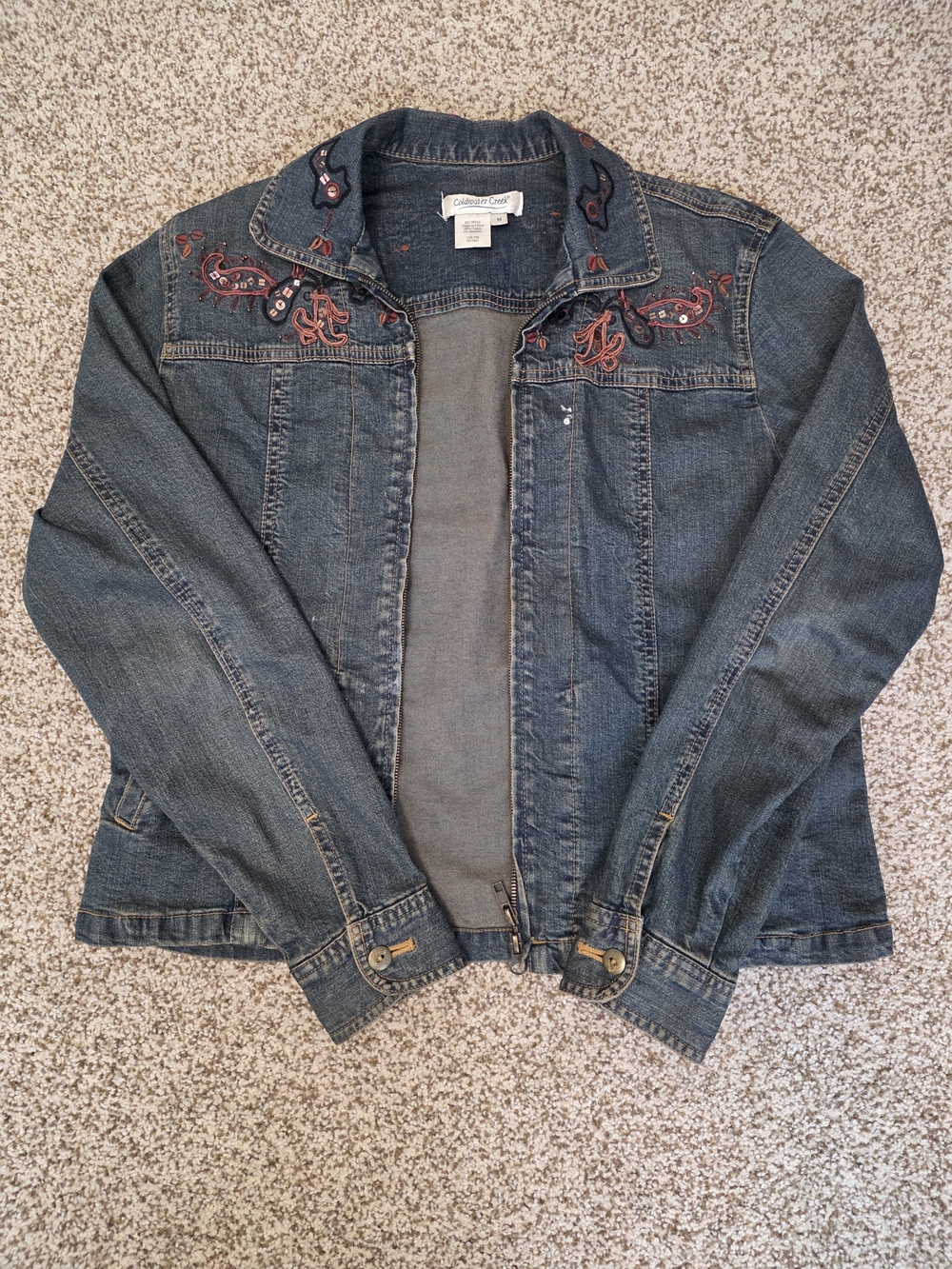 Coldwater Creek Blue Denim Jacket with Red Embroidery